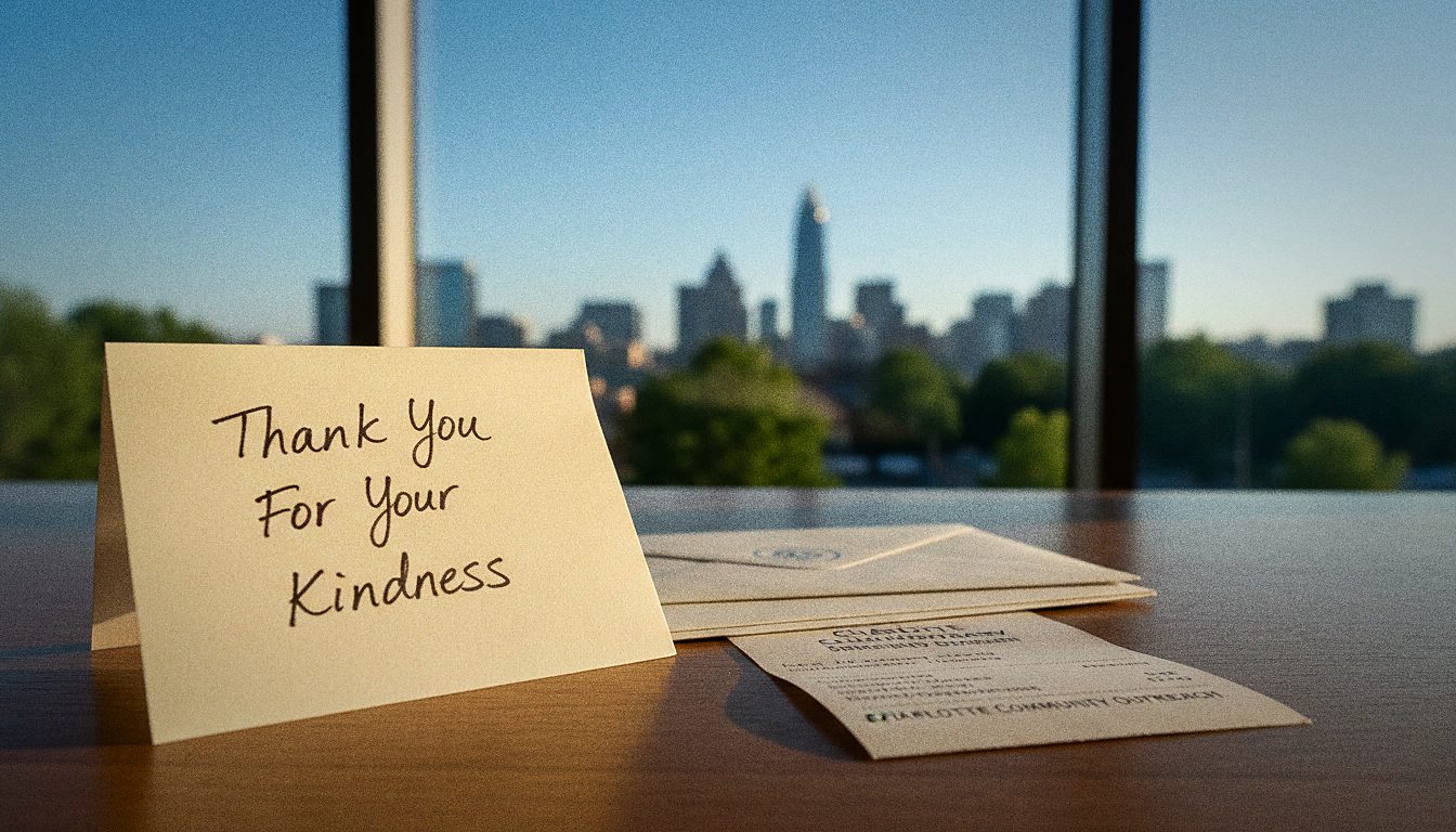 A handwritten thank-you note beside envelopes and a donation receipt