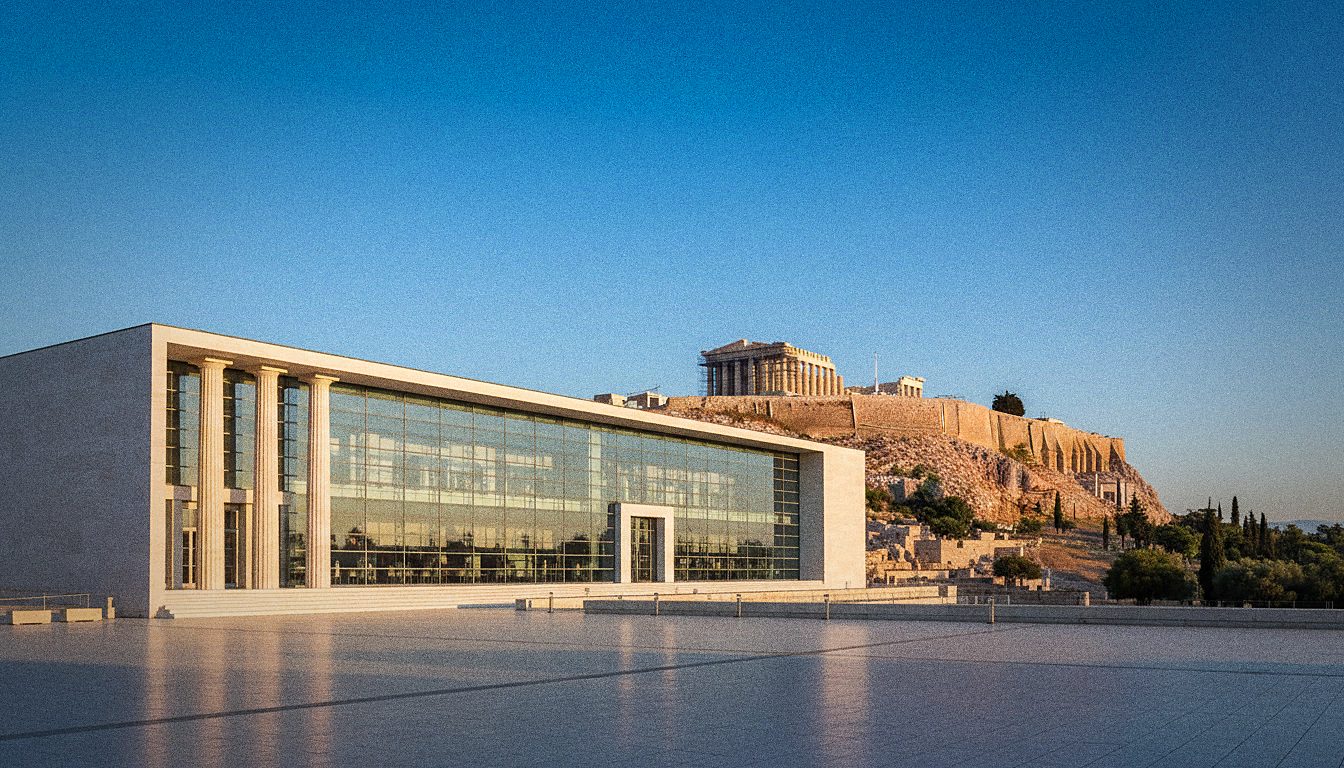 The Acropolis Museum in Athens with the ancient hill visible in the background