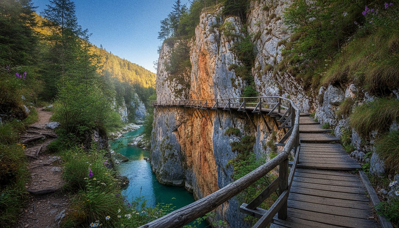 A wooden boardwalk fixed to a vertical gorge wall above a river