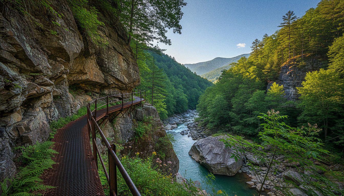 A narrow walkway attached to a cliff face along a mountain gorge trail