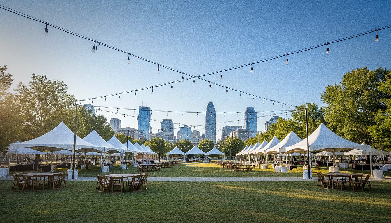 People gathered at an outdoor community fundraising event with string lights