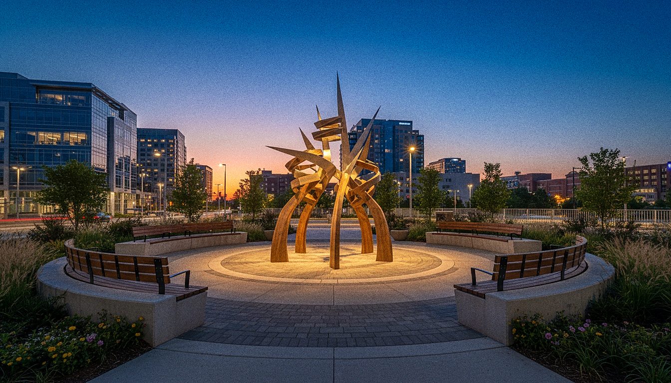 A community gathered around an outdoor public art installation at dusk