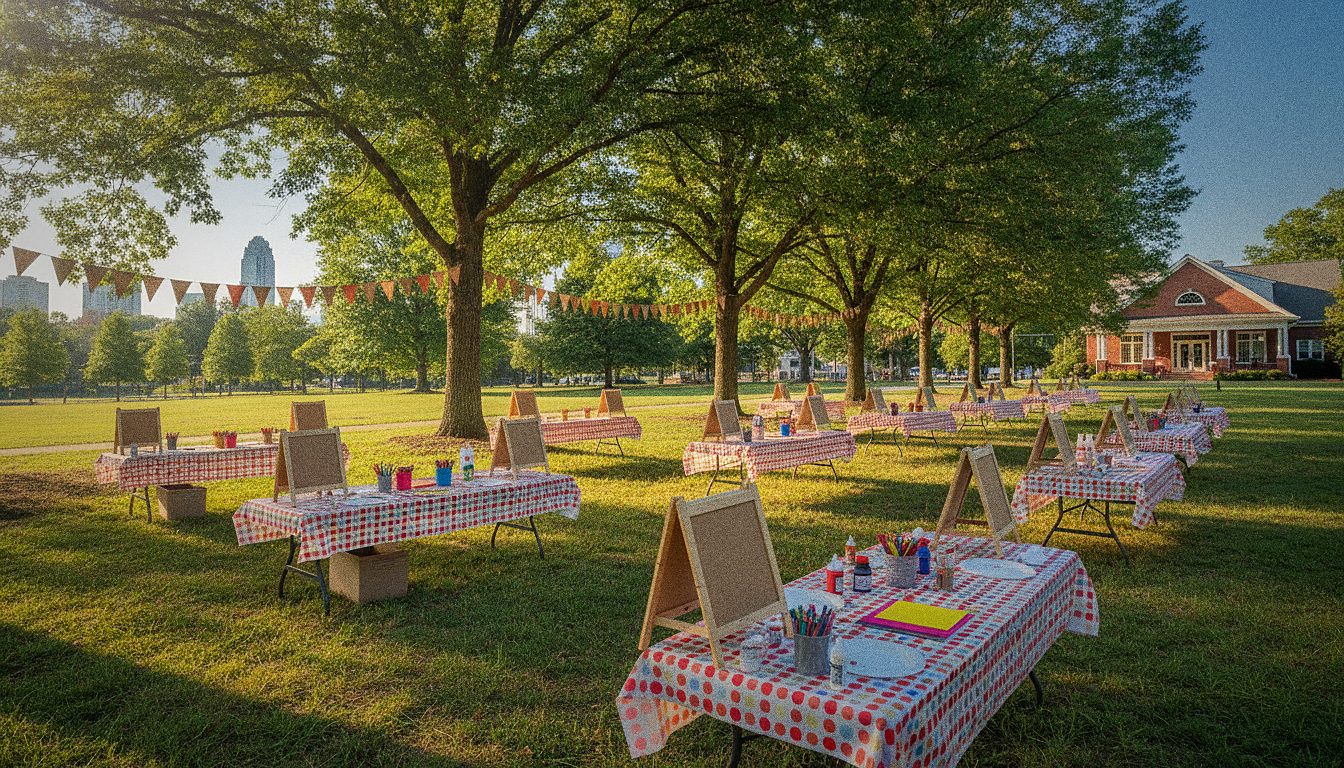 A family enjoying an outdoor community event with craft activities set up