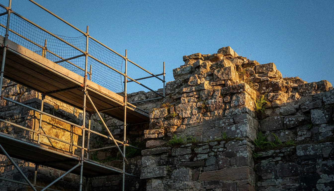 Detail of conservation scaffolding against ancient stonework