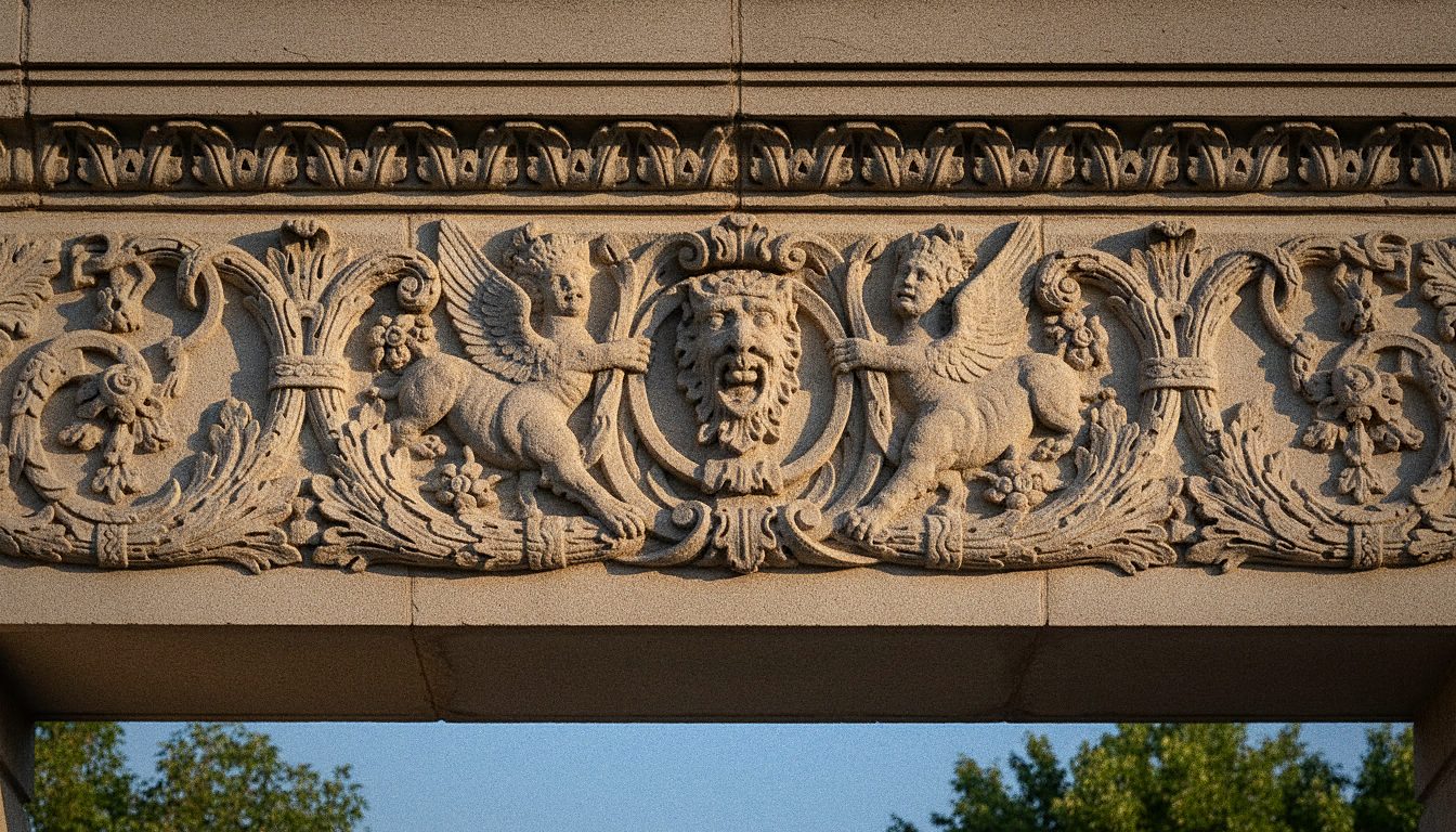 Close-up detail of ornate stonework on a historic building facade