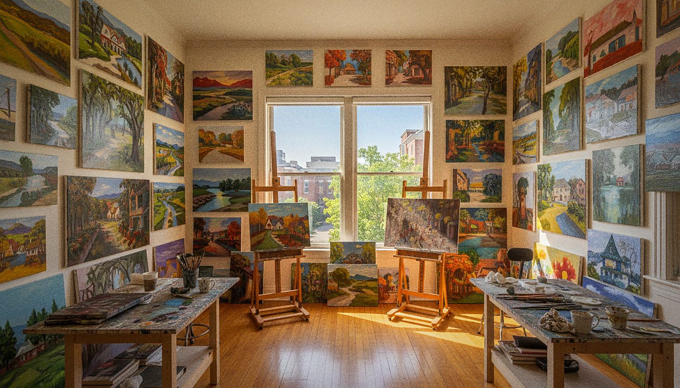 A local artist working in a small studio with finished paintings on the wall