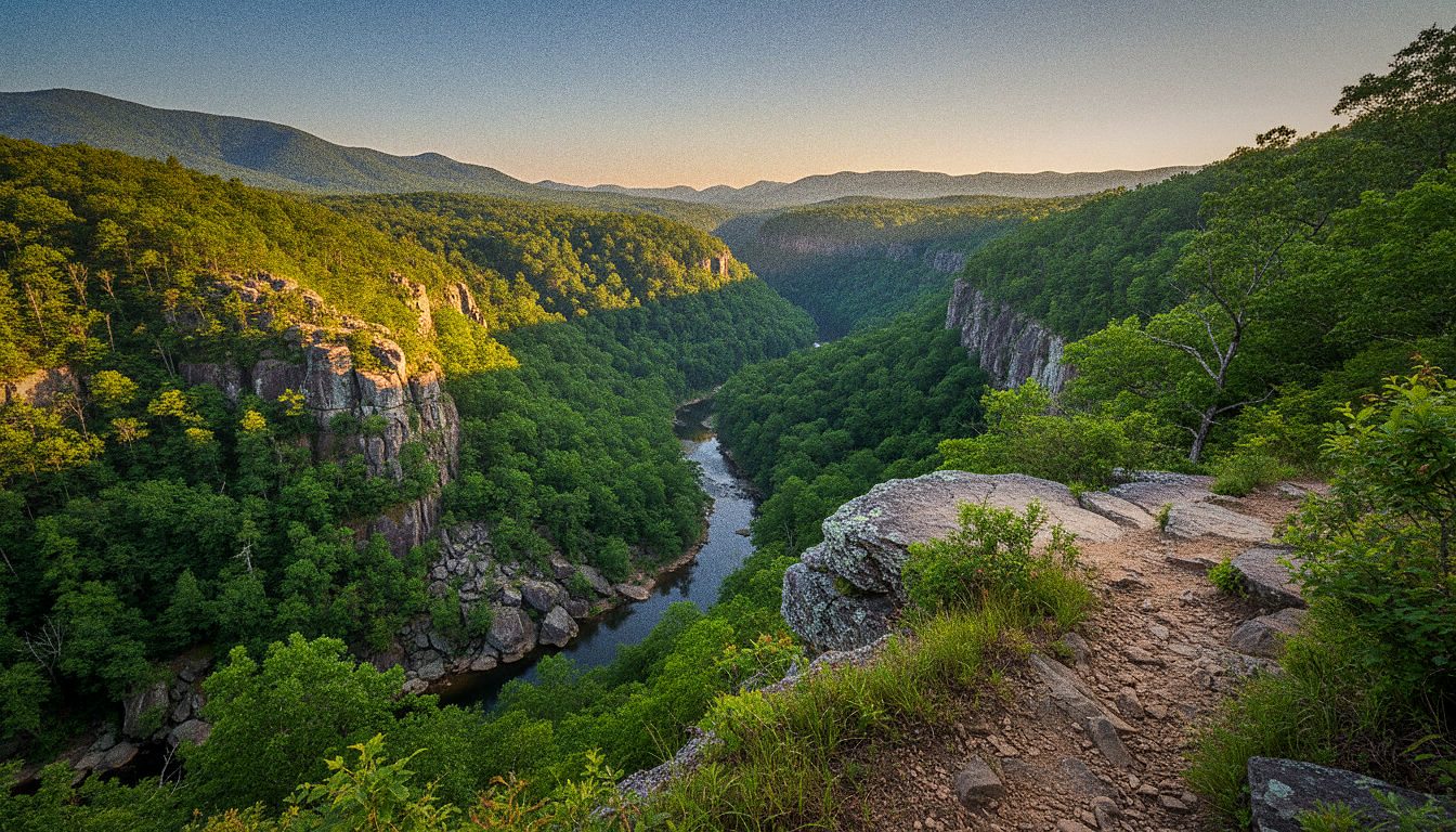 A view down into a mountain gorge from a walking trail