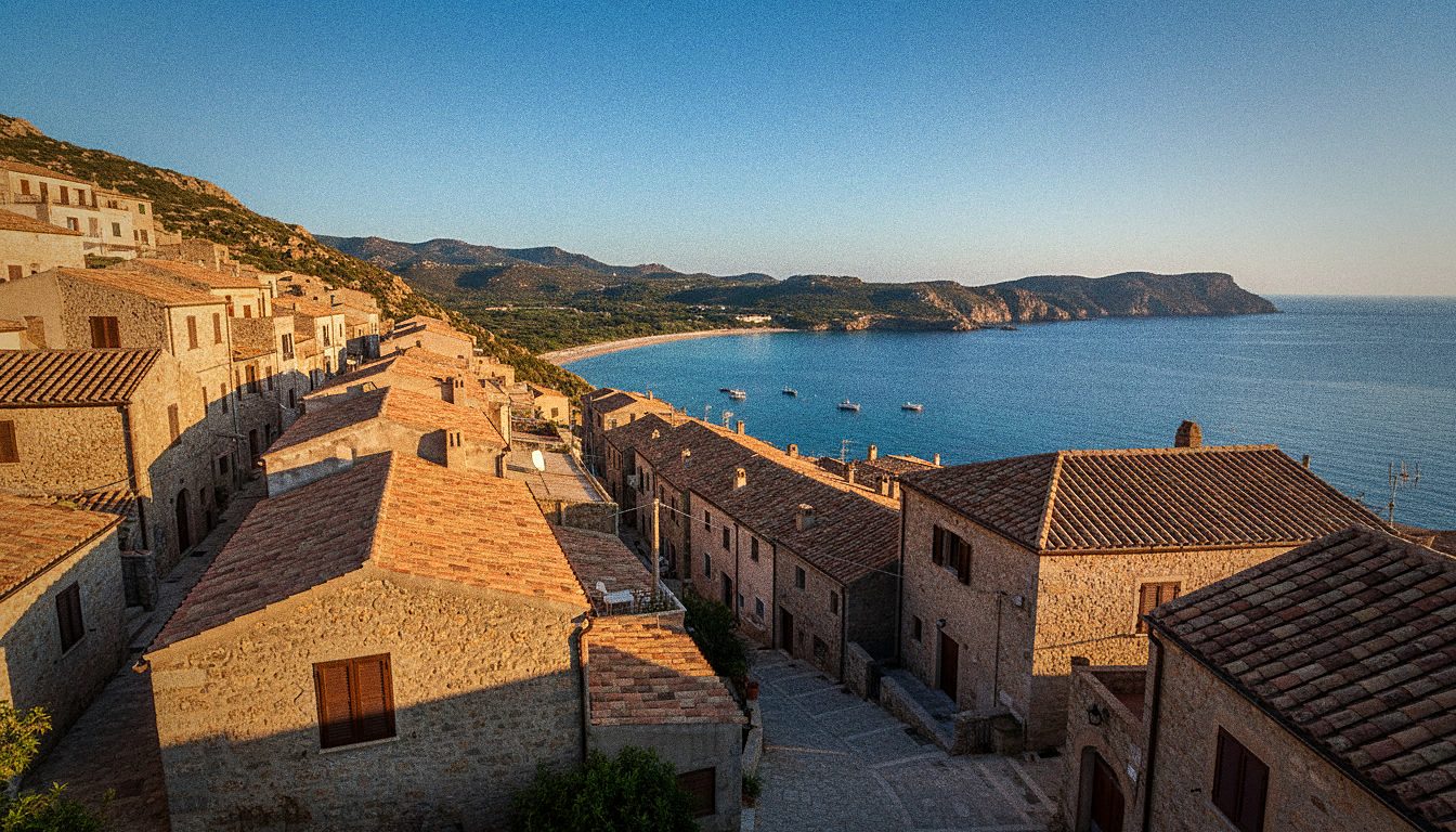 A hillside coastal village in Sardinia with terracotta-roofed houses