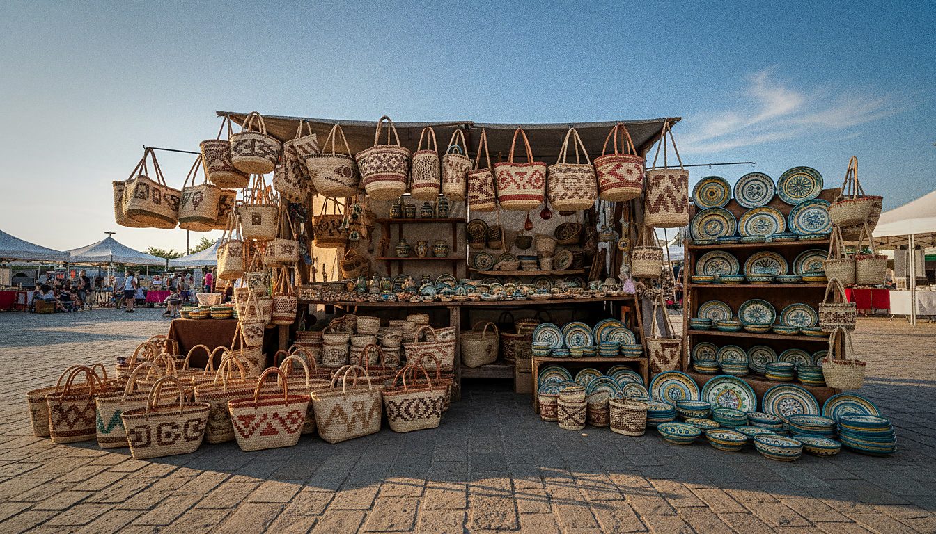 A traditional Sardinian crafts stall with woven baskets and ceramics