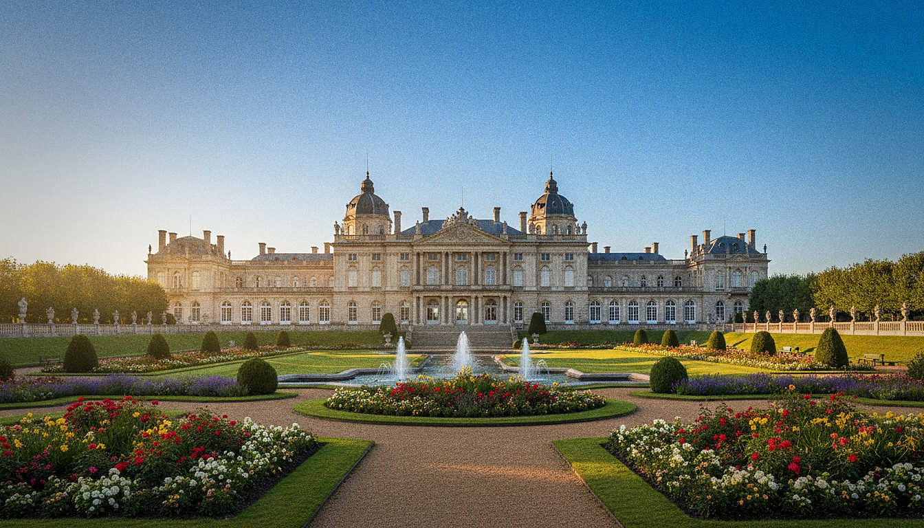 Formal gardens in front of a grand palace facade